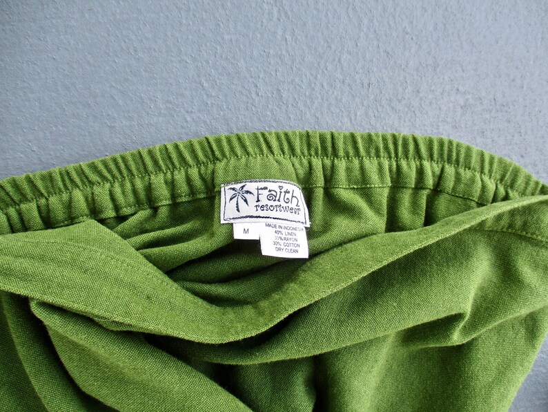 SALE Green Skirt White Beaded Floral Design Faith Resort Wear Flared Mid Calf Midi Skirt Medium Folk Ethnic Costume Malaysia Cotton Linen