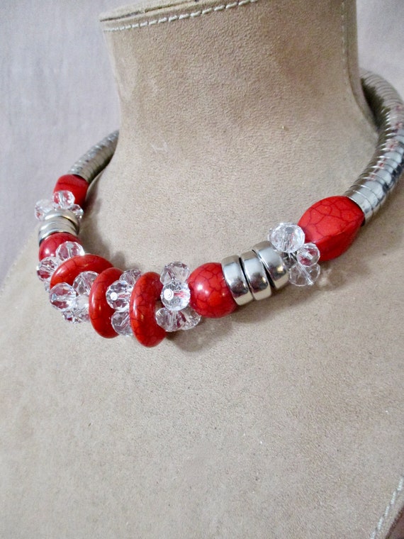 Glam Choker Silver Red Necklace Clear Sparkling C… - image 2