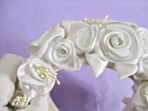SALE White Satin Roses Headband Bridal All White … - image 6