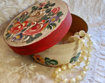 Folk Art Box Round Country Shaker Style Box Hand Painted Roses Trinket Box Gift Box Jewelry Box Balsa Wood 4 3/4" Across Presentation Box