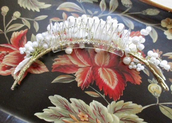 Porcelain ROSES Bridal Comb WHITE Floral Tiara Ha… - image 6