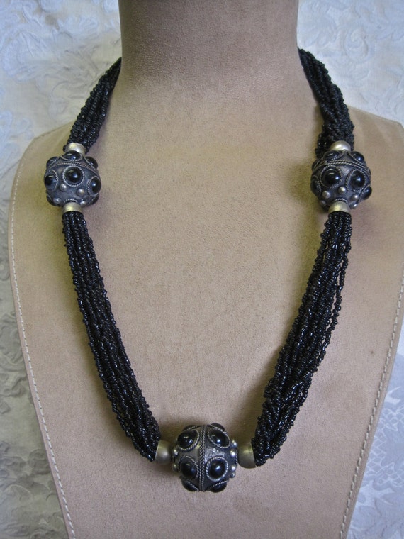 SALE Ethnic Necklace Black Seed Beads Multi Stran… - image 2