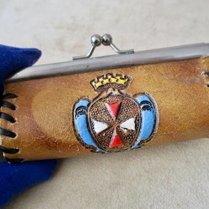 Tooled Leather Coin Purse Tan Leather with Painted Crest Snug Closure Hand Laced Artisan Coins Bills Credit Cards Makeup