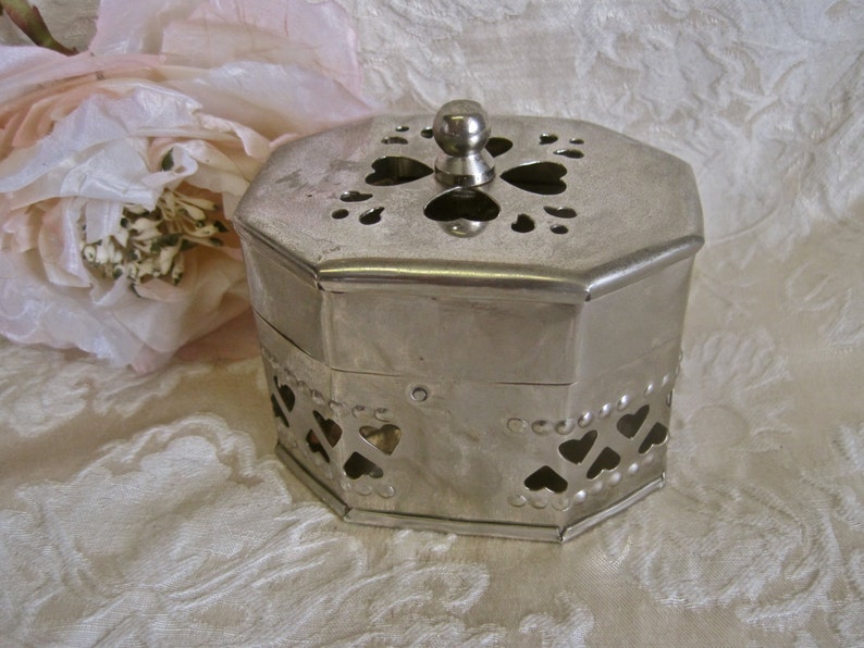 Silver Heart Box Vintage Trinket Box Made in India Cutout Hearts Metal for Jewelry or Potpourri Octogon Shape a Touch Shabby Chic