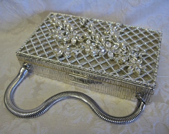 Rhinestone Minaudiere Vanity Metal Purse Signed Evans 1950s STUNNING Pearls Silver Lattice 2 Sided Lipstick Powder Cigarettes RARE