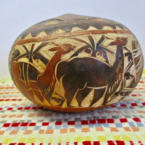 Gourd Box from Peru Vintage 70s Artisan Trinket Box Carved Painted Genuine Gourd Cut Out Hidden Lid DETAILED Design People Llamas