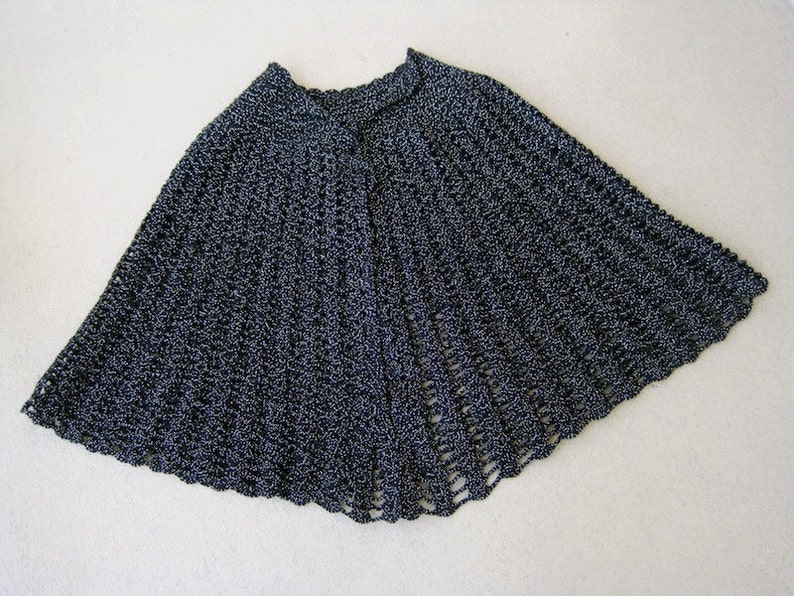 Short Cape Black Crochet Sparkle Capelet Poncho Boho Hippie Festival Witchy Coverup Hand Knit Black Silver Metallic Yarn Vintage 70s image 2