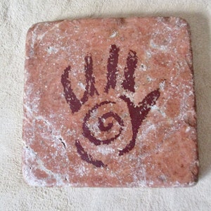 Tribal Stone Coasters Trivet ONLY HAND is Left, 3 Different Primitive Hand Symbol Evil Eye, Man w/Weapons, Goat Genuine Agate CAVE Paintings
