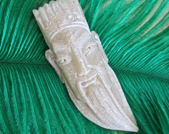 SALE Chinese Emperor Carved Face Figural Stone Carving Beard Crown Alabaster Collectible Paper Weight or Vintage Supply Art Projects