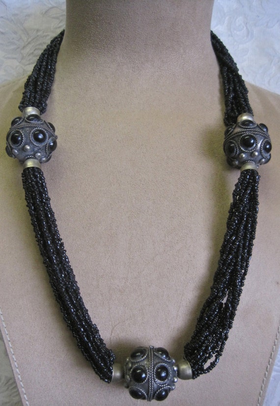 SALE Ethnic Necklace Black Seed Beads Multi Stran… - image 3