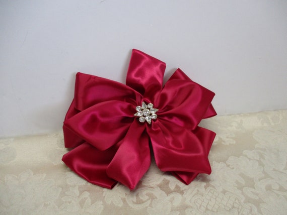 Big Bow Red Satin Bow Barrette Vintage 80s Never … - image 2