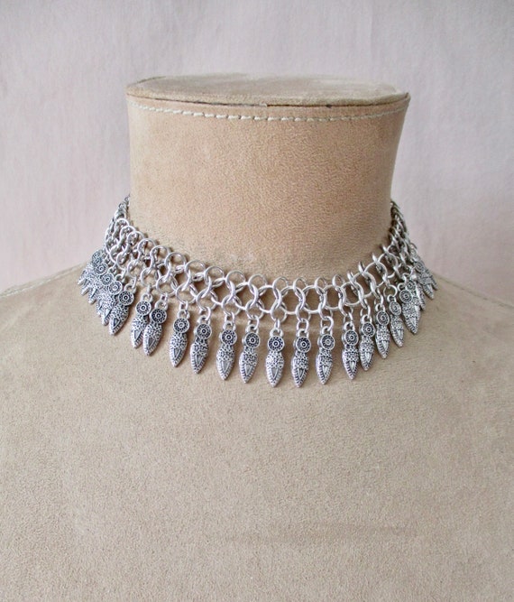 Tribal Choker FRINGES Silver Tone Chainmaille Boho