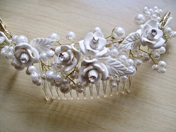 Porcelain ROSES Bridal Comb WHITE Floral Tiara Ha… - image 8