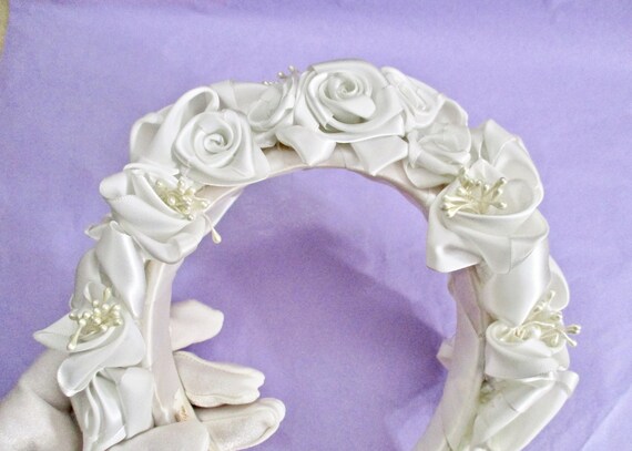 SALE White Satin Roses Headband Bridal All White … - image 2