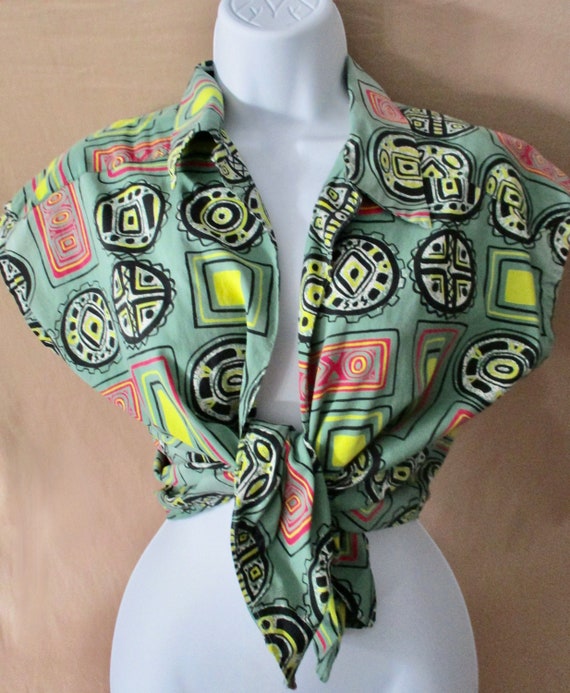 50s Fabric Tie Crop Top Fabulous Atomic Patterned… - image 1