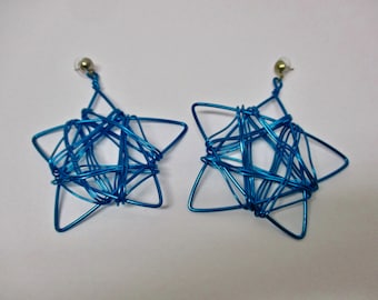 90s PUNK Earrings HUGE 3 1/2" STARS Rock New Wave Cyndi Lauper Hip Hop Bright Electric Blue Wire Wrapped Aluminum Artisan Statement