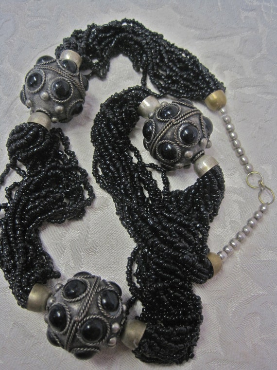 SALE Ethnic Necklace Black Seed Beads Multi Stran… - image 1