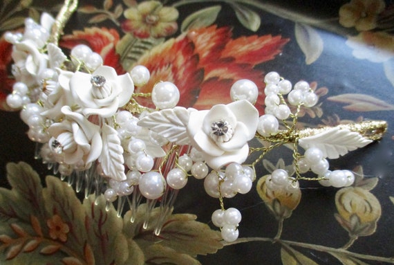 Porcelain ROSES Bridal Comb WHITE Floral Tiara Ha… - image 5