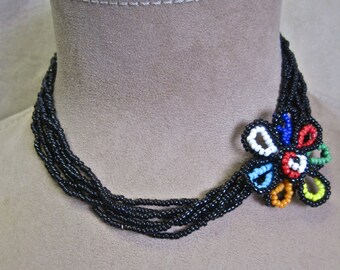 Vintage Seed Bead Flower Choker Black Multi Strand Necklace Boho Hippie