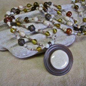 SALE Tribal Necklace Ethnic Boho Hippie Off White Medallion Glass Beads Vintage 1970s The Limited Neutrals Rust Brown