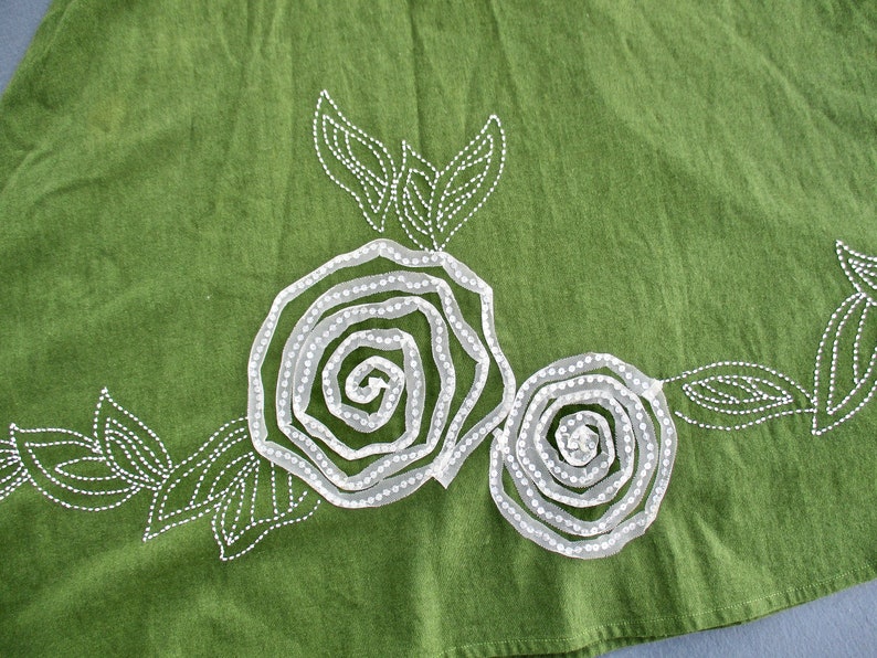 SALE Green Skirt White Beaded Floral Design Faith Resort Wear Flared Mid Calf Midi Skirt Medium Folk Ethnic Costume Malaysia Cotton Linen