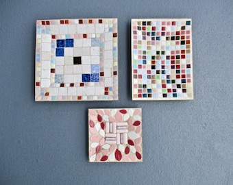 Mosaic Plates 50s Hand Crafted CHOICE of 2 LEFT: Square Rectangle Pink Leaf Pattern Multi Colored Squares Mid Century Decor Kitchen Dining