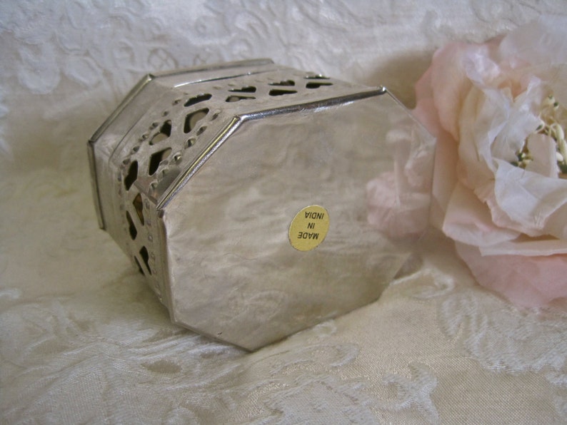 Silver Heart Box Vintage Trinket Box Made in India Cutout Hearts Metal for Jewelry or Potpourri Octogon Shape a Touch Shabby Chic