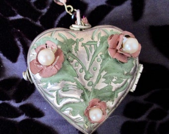 SALE Heart Trinket Box LOCKET Valentine's Day Vintage Repousse Metal Enamel Pearls 2" Memento Box Hanging or Sitting Shabby Chic Beauty