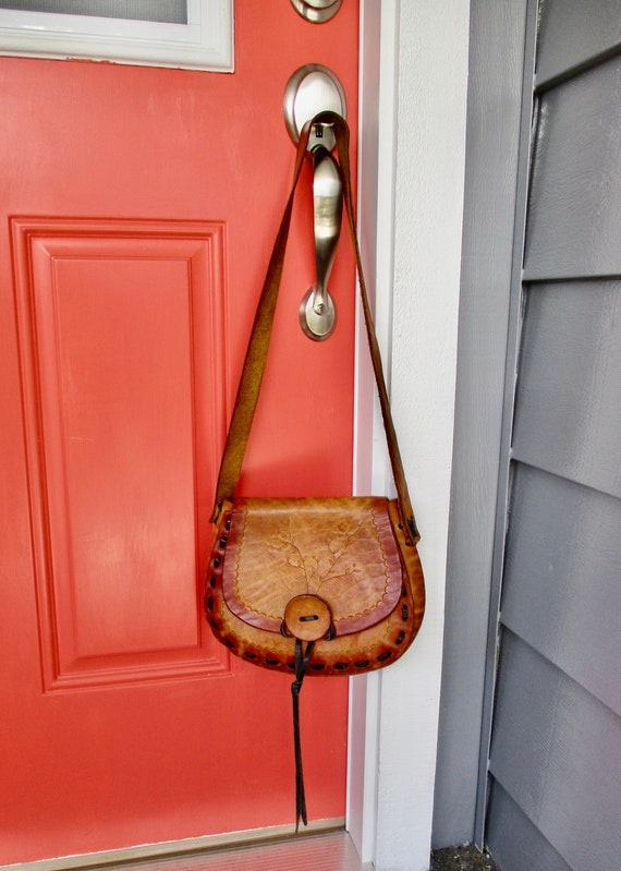 60s-70s All Leather Hand Crafted Shoulder Bag Hip… - image 1