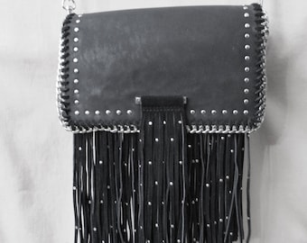 Vintage Anna Sui INC Studded Fringe Black Purse Crossbody Bag Clutch Purse Silver Studs Chain Trim Leather Fringe Biker Punk Western Gothic