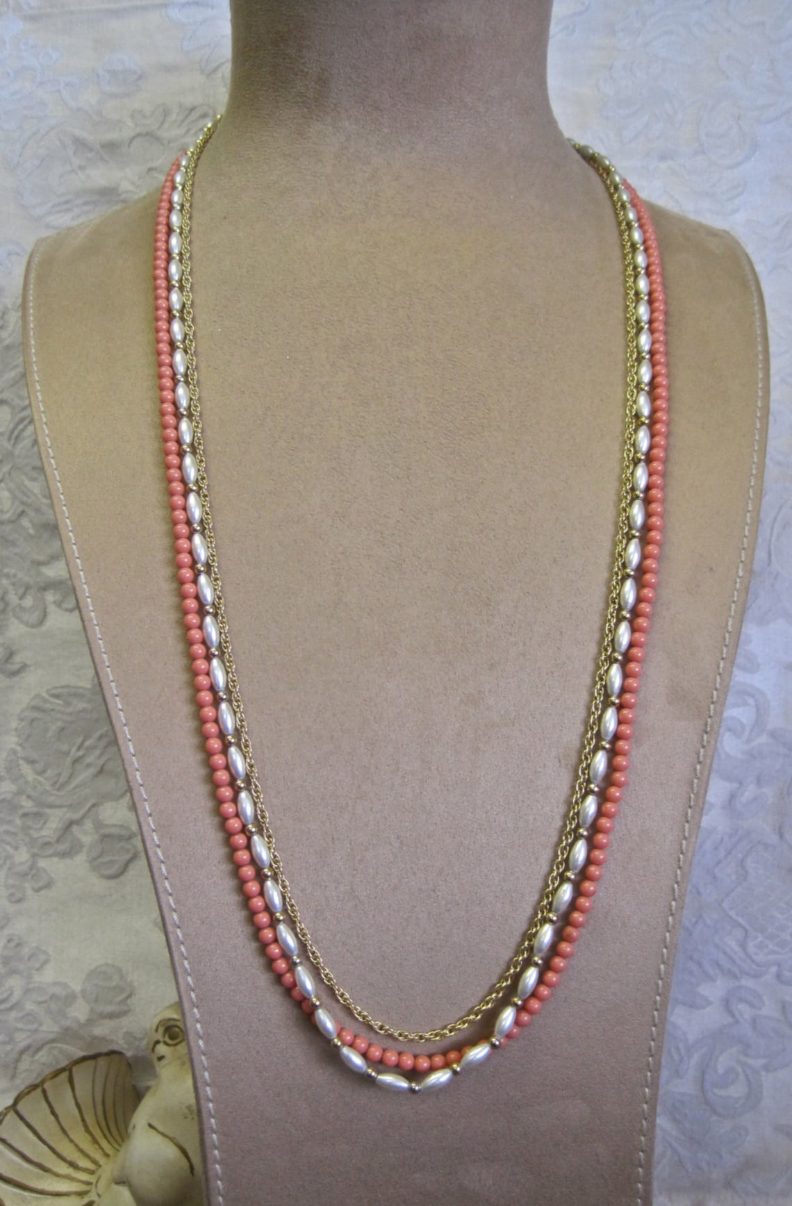 Coral Pearl Necklace Gold Extra Long Vintage 70s Strung on - Etsy