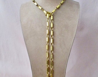 Vintage Yellow Gold Tone Lariat Chain Necklace Bold Statement Large Links LONG 37" Tassels Tie Anywhere on Chain Westerncore Cowboycore
