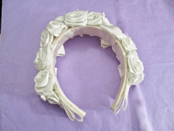 SALE White Satin Roses Headband Bridal All White … - image 10