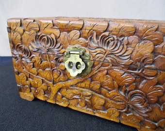 Vintage Carved Wood Chest Hand Crafted Carved Floral Box with KEY 40s Merry & Co. Hong Kong Import 12" Across Small Storage Chest Boho Decor