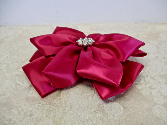 Big Bow Red Satin Bow Barrette Vintage 80s Never … - image 3