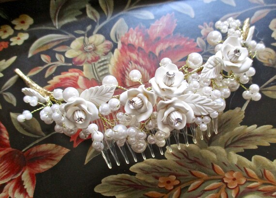 Porcelain ROSES Bridal Comb WHITE Floral Tiara Ha… - image 4