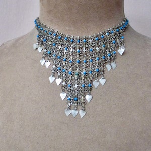 Vintage Ethnic Boho Choker Tiny Elaborate Details Turquoise Bib Cleopatra Collar V Shape Choker Festival Wear