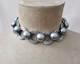 Vintage Silver Tone Statement Choker Goth Punk Tribal Boho Southwestern...Lots of Looks! Large Studs Etched Links