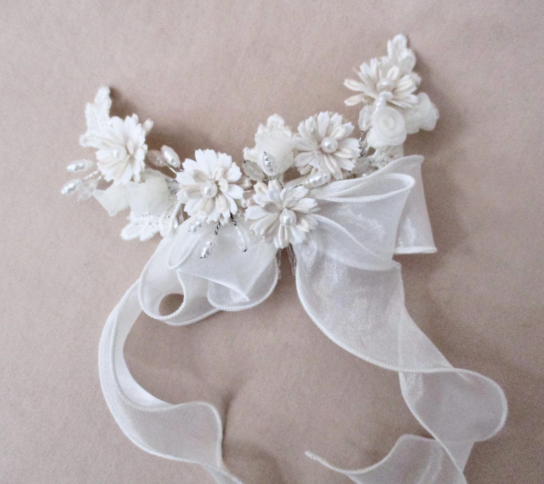 Vintage Bridal Comb BOW Comb Princess Pale Pink Flowers, Pearls, Long ...