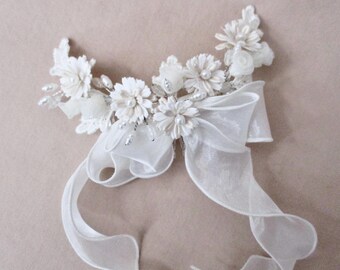 Vintage Creamy White Floral Lace Hair Barrette Beaded Embroidered Lace Hair Clip, Ivory Cream and Antique  main image 3