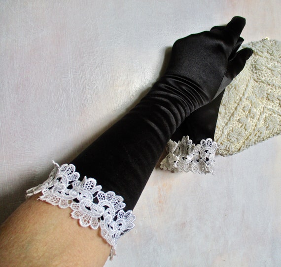 Black Gloves White Lace Trim 3/4 Length Royal Asco