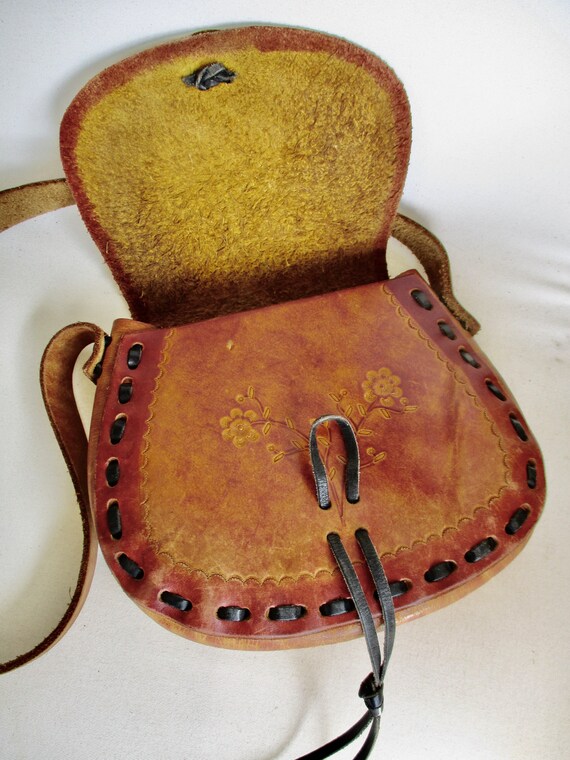 60s-70s All Leather Hand Crafted Shoulder Bag Hip… - image 4