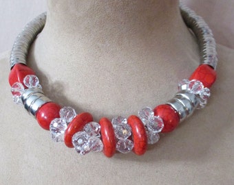 Glam Choker Silver Red Necklace Clear Sparkling Crystals New Wave Rocker