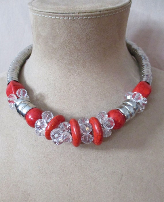 Glam Choker Silver Red Necklace Clear Sparkling C… - image 1