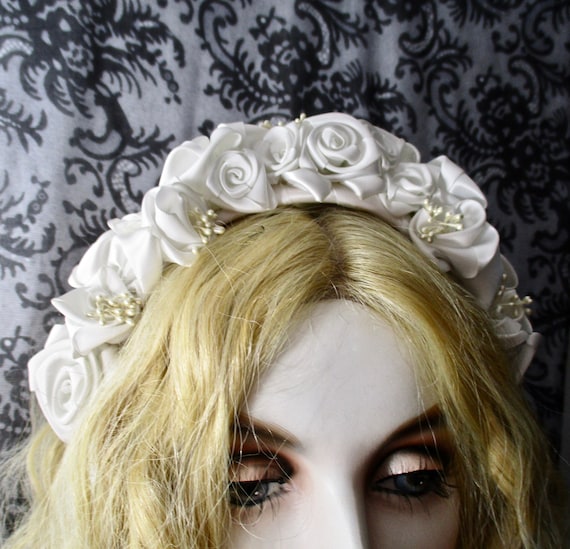 SALE White Satin Roses Headband Bridal All White … - image 1