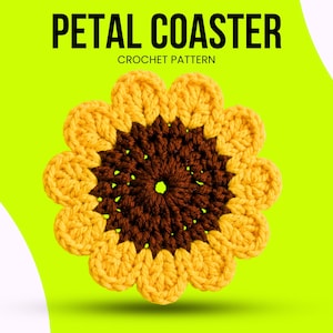 Virkmönster för underlägg med gyllene kronblad PDF, digital nedladdning för bordsdekoration med solrosblommor