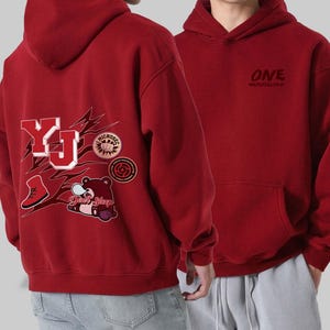 Bluza z kapturem w stylu uniwersyteckim, czerwona z naszywkami z wizerunkiem niedźwiedzia bokserskiego i literą YJ, subtelna estetyczna bluza z kapturem w stylu anime