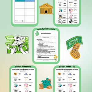 Puede incluir: Un conjunto de hojas de trabajo educativas para enseñar presupuestos, incluyendo una tabla de dinero, una hoja de necesidades/deseos, instrucciones y dos hojas de presupuesto. Las páginas tienen bordes verdes e ilustraciones de bancos y monedas.