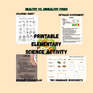 Puede incluir: Un conjunto de actividades científicas imprimibles para primaria que incluye una hoja para colorear, una guía de experimentos detallada con ositos de goma, un plan de lección y dos hojas de trabajo sobre alimentos saludables.