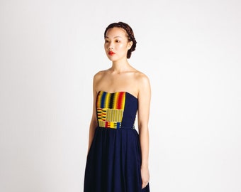 Denim Kente African Print Strapless Maxi Dress